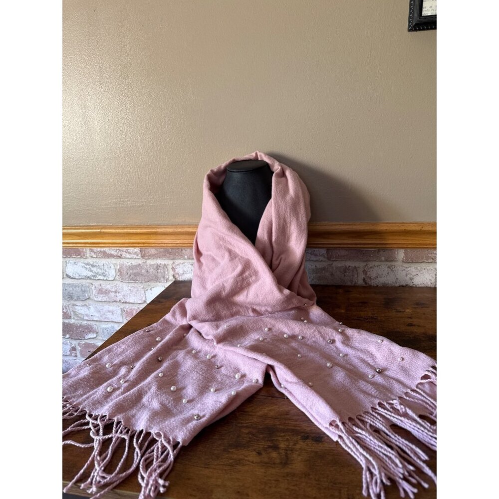 Jessica McClintock Faux Pearl-Embellished Pink Scarf With Fringe